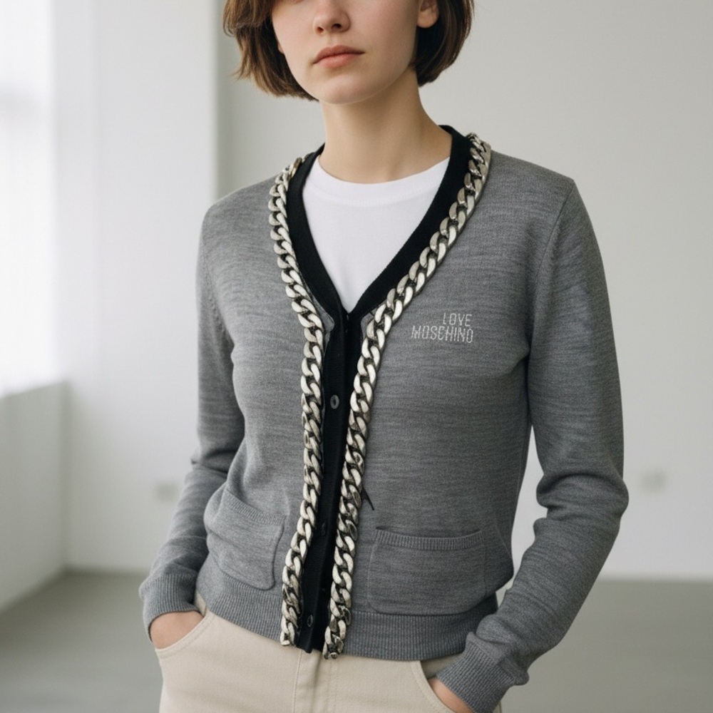 Love Moschino Chain-Trimmed Gray Cardigan